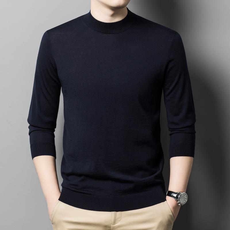 ニット メンズ 男性用 薄手 長袖Tシャツ 全羊毛 春秋 ミドルエイジ ファッション カジュアル 丸首 プルオーバー トップス カットソー 耐摩耗性 伸縮性 ブラウン 青みがかったグレー ブラック 青緑 ブロンズグリーン ロイヤルブルー