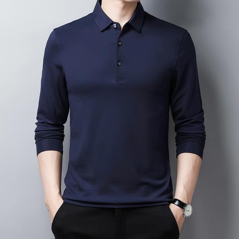 Tシャツ メンズ 男性用 桑蚕? シルク 長袖 トップス 無地 ビジネス カジュアル 翻? 襟付き 春秋 薄手 モダール ポリエステル ピンク 紫 ブラック ワインレッド グリーン ネイビー ブルー カーキ2
