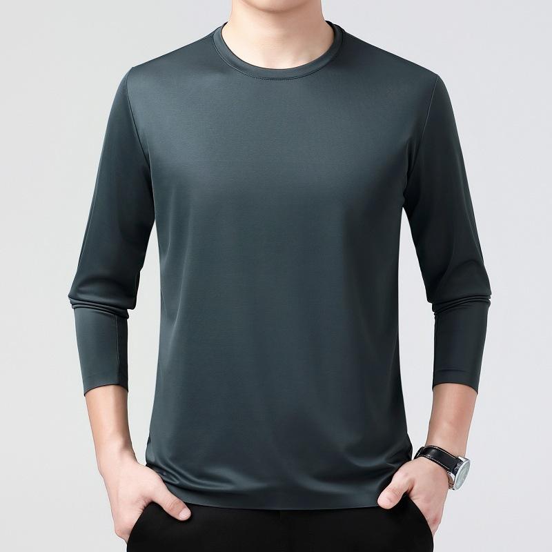 Tシャツ メンズ 男性用 ラウンドネック 長袖 トップス 春物 桑絹 シルク 無地 シンプル カットソー 薄手 インナー 接触冷感 吸湿速乾 ビジネス 通勤 普段使い 黒 ブラック カーキ 緑 グリーン ピンク系 白 ホワイト