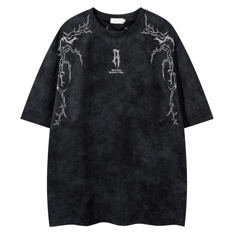 Tシャツ 男性用 ストリート アメカジ レトロ 刺繍 ロゴ ドロップショルダー スエード 半袖Tシャツ ポリエステル 接触冷感