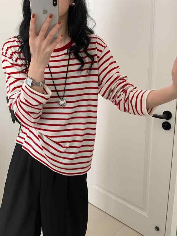 Tシャツ レディース 韓国風 羊毛 ストライプ 切り替え ラウンドネック 長袖 トップス 接触冷感 伸縮性 普段使い2