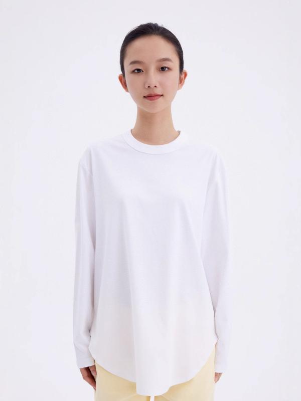 Tシャツ レディース ラウンドネック 長袖 コットン トップス 白 黒 ゆったり 普段使い 通勤着 スタイルアップ