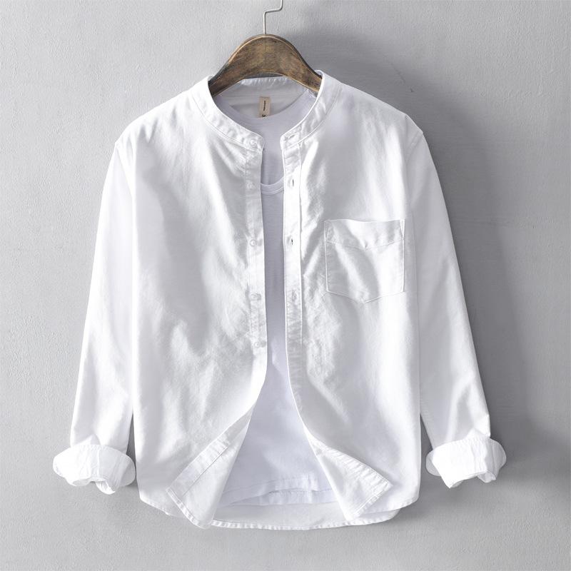 ティーシャツ 成人男性用 オックスフォード 綿織物 長袖 心地よい トップス 無地 立襟 衣嚢 白 黒 薄墨色 緑 水色2 トップス-ワイシャツ-メンズファッション