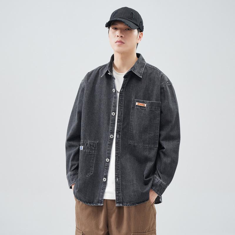 シャツ 男性用 デニムシャツ 長袖 ウォッシュ加工 ワークシャツ ブルゾン コットン 再生繊維 ポリエステル 春秋 カジュアル ブラック ブルー系