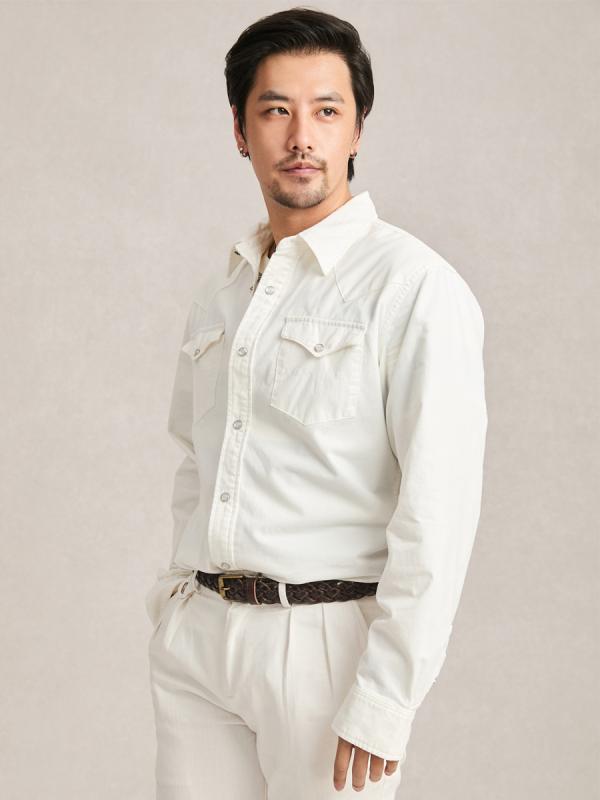 シャツ メンズ 男性用 長袖 アイボリー 水洗い デニムシャツ ボタン飾り 綿100% コットン レトロ アメカジ 修身 秋冬