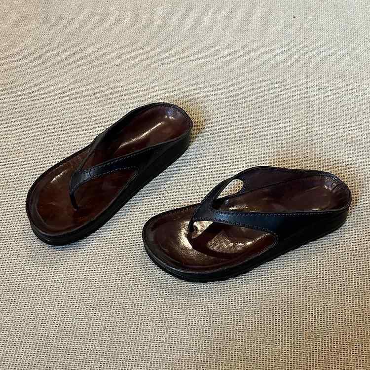 サンダル レディース 牛革 レトロ 厚底 ビーチサンダル トングサンダル 外履き 普段使い リゾート 黒