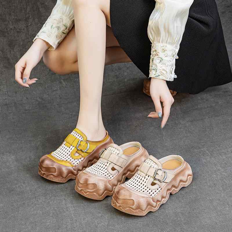 サンダル レディース 軽量 厚底 発泡底 レザー 牛革 バックストラップ 涼しい スリッパ イエロー オフホワイト レトロ カジュアル 普段使い2