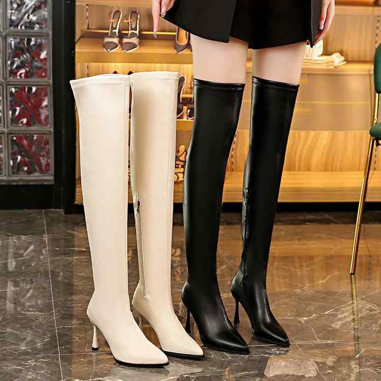 ブーツ レディース ロングブーツ ポインテッドトゥ サイドジップ ハイヒール 8cm 美脚 秋冬 黒 白