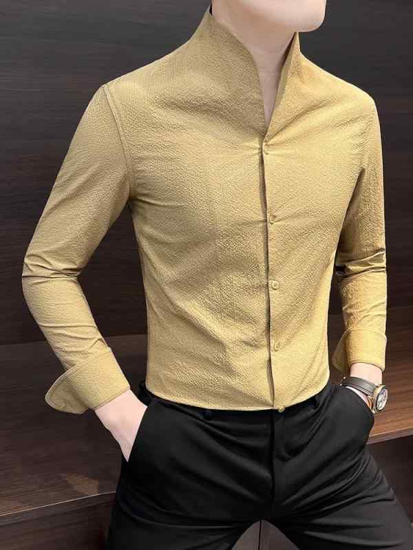 シャツ メンズ 長袖 ビジネス 男性用 高級感 立襟 ブラウス 接触冷感 形態安定 部屋着 テレワーク ブラック ホワイト2