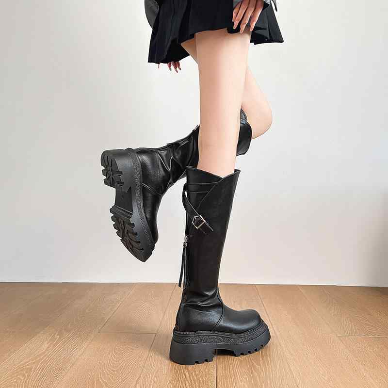 ブーツ レディース 秋冬 高筒 ストレッチ 厚底 後ろファスナー付き ロングブーツ 女性用 ハイヒール (6-8cm) ラウンドトゥ スタイルアップ 滑り止め ブラック