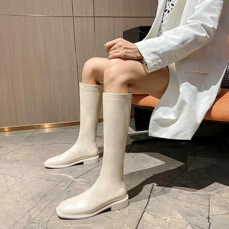 ブーツ レディース 膝丈ブーツ チャンキーヒール ローヒール ラウンドトゥ 防水 滑り止め スエード調 美脚 秋冬 ブラック ベージュ ブラウン カーキ