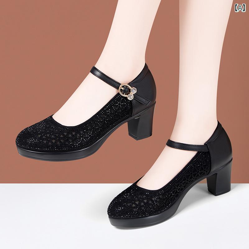 パンプス レディース 本革 ハイヒール 太踵 厚底 メッシュ サンダル 黒いこと しろがね色 ゴールド フォーマル 通い 御役目 寄りあい 6糎 9糎 11糎2