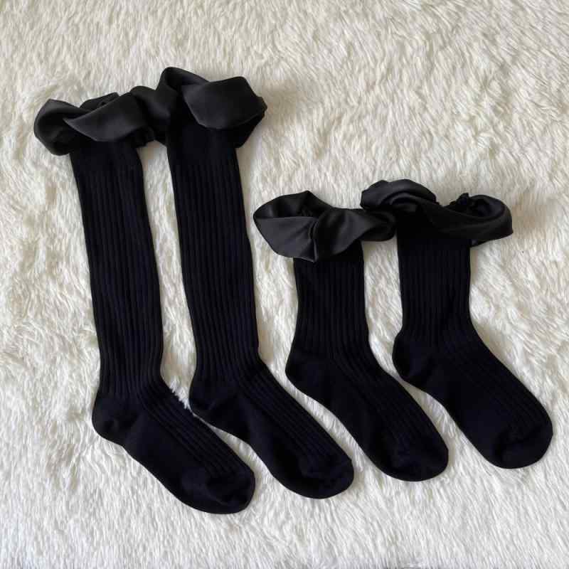 靴下 レディース 秋冬 手縫い 立体 旋? 泡 バブル 口 褶 荷花 ヘム コットン 黒 ブラック 長い ソックス 個性 35-402