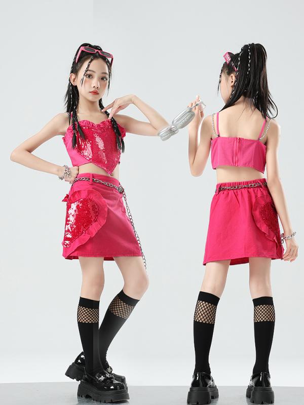 ダンス衣装 女の子 子供 ジャズダンス セットアップ 演出服 トップス スカート アクセサリー付き キッズ ジュニア 舞台衣装 かわいい 発表会 イベント 練習着 レッスン着