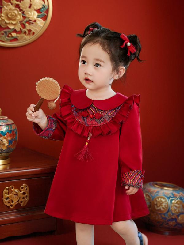 ワンピース 女児 春秋 中華風 ベビー ドレス 子供 チュール A字 長袖 赤色 ピンク かわいい プリンセス イベント 誕生日 パーティー ポリエステル