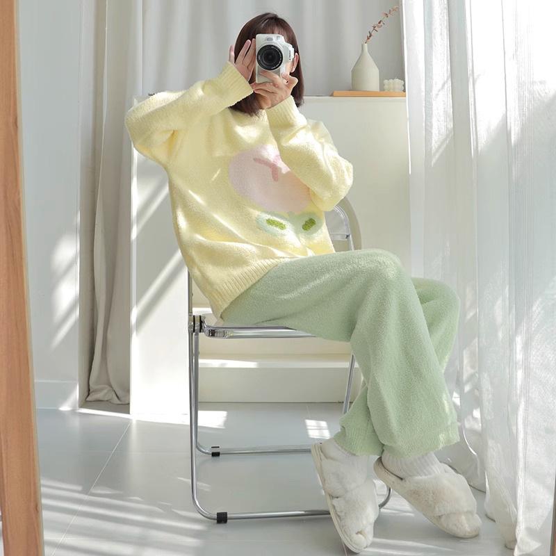 パジャマ レディース 秋冬 部屋着 セットアップ 暖かい かわいい 快適 リラックス ポリエステル イエロー系