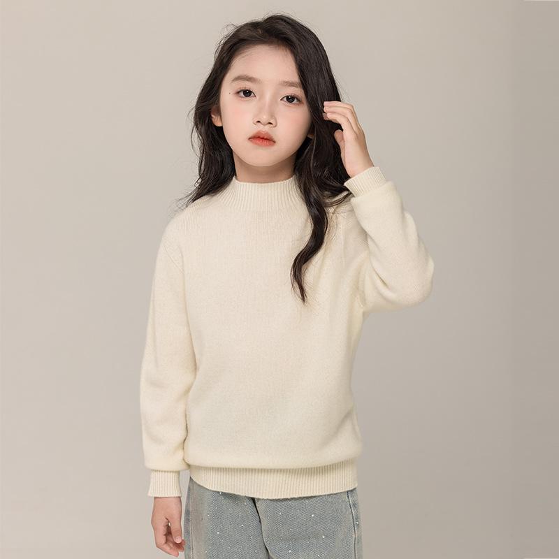 ちびっ子服 編み物 プルオーバー お嬢さん 長袖 トップス 秋冬 無地 羊毛100％ カットソー ティーシャツ 普段着 通学着 象牙色2
