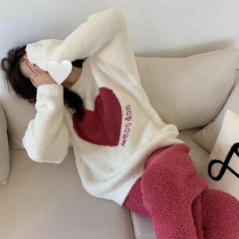 パジャマ レディース 秋冬 部屋着 上下セット かわいい ルームウェア 寝巻き 厚手 保温 珊瑚マイヤー あったか ふわふわ 柔らかい ポリエステル ゆったり リラックス 無地 ハート柄