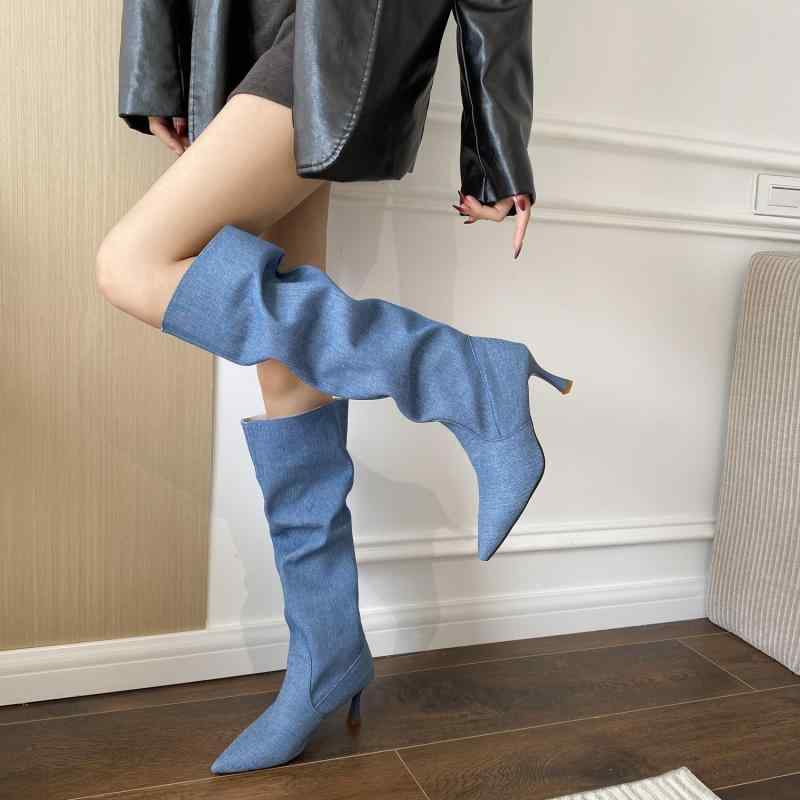 ブーツ レディース 筒周り ゆったり ハイヒール ロングブーツ ポインテッドトゥ ピンヒール 美脚 履きやすい 滑り止め ブルー 春