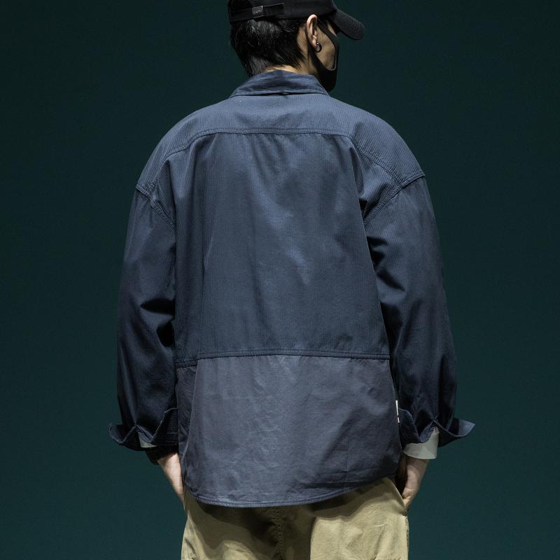 シャツ メンズ 長袖 藏青色 男性用 大きいサイズ ゆったり 秋 春 トップス カジュアル 開襟シャツ ミリタリー ワーク 切り替え コットン ブレンド