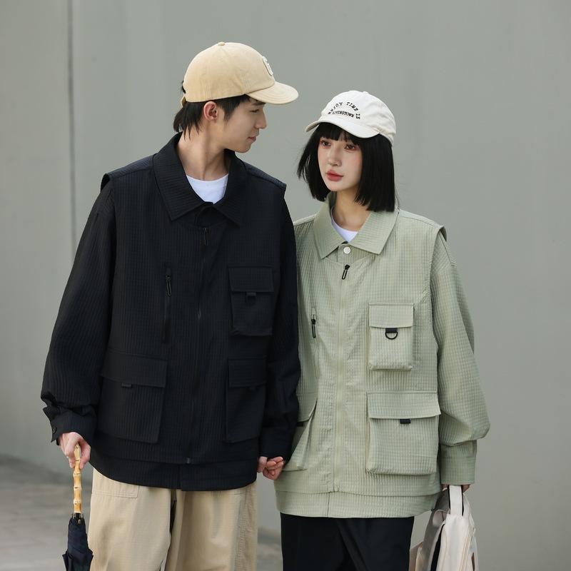 シャツ 男性用 長袖 コットンブレンド トップス 2点セット ベスト付き 普段使い 韓国風 ミリタリーテイスト ベージュ ブラック グリーン