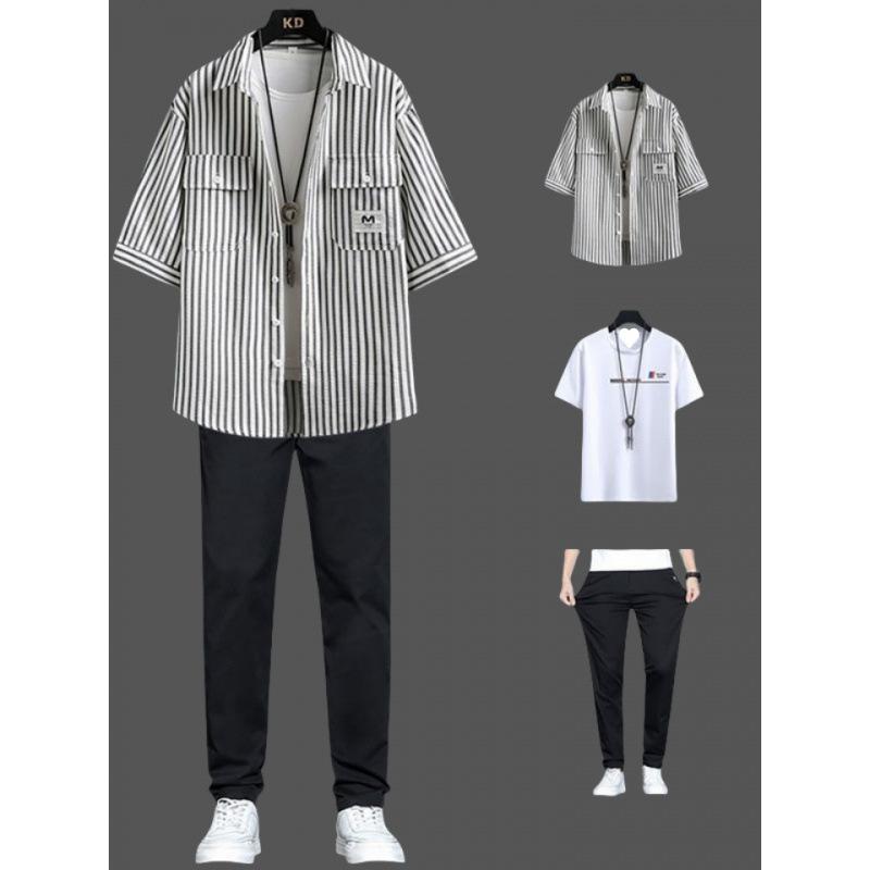 シャツ 男性用 半袖シャツ パンツ セットアップ 普段使い 修身型 配色 ポリエステル ブラック系