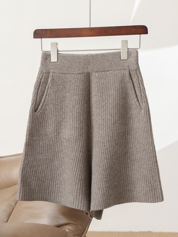 パンツ レディース 秋冬 高 ウエスト 羊毛 ウール ニット ショートパンツ 厚手 あったか 防寒 5分丈 ズボン ポケット付き ゆったり かわいい ルームウェア 部屋着 紫 灰色 ブラウン