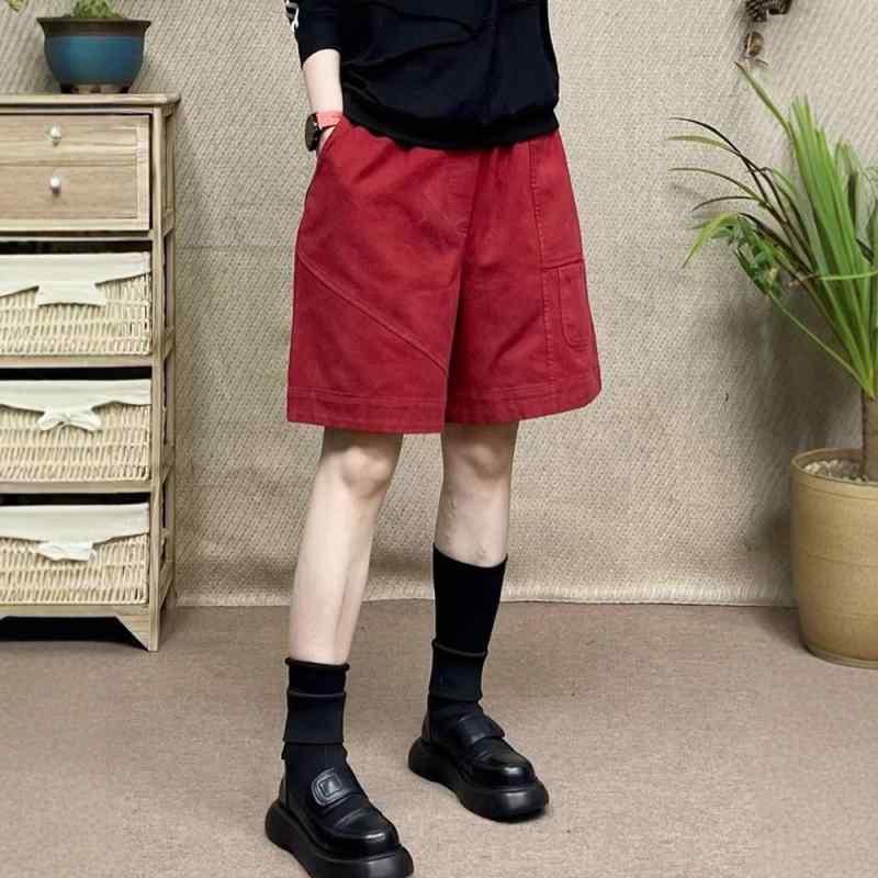 ハーフパンツ レディース 綿 ゆったり ルームウェア 部屋着 リラックス イージーパンツ 文芸風 レトロ 春 秋 赤 黒 緑 茶色2