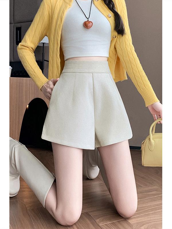 パンツ レディース ウールライク ワイドレッグ ショートパンツ キュロット 無地 通勤 オフィス カジュアル ハイウエスト Aライン 黒 ブラック ベージュ系 秋冬 ポリエステル スパンデックス