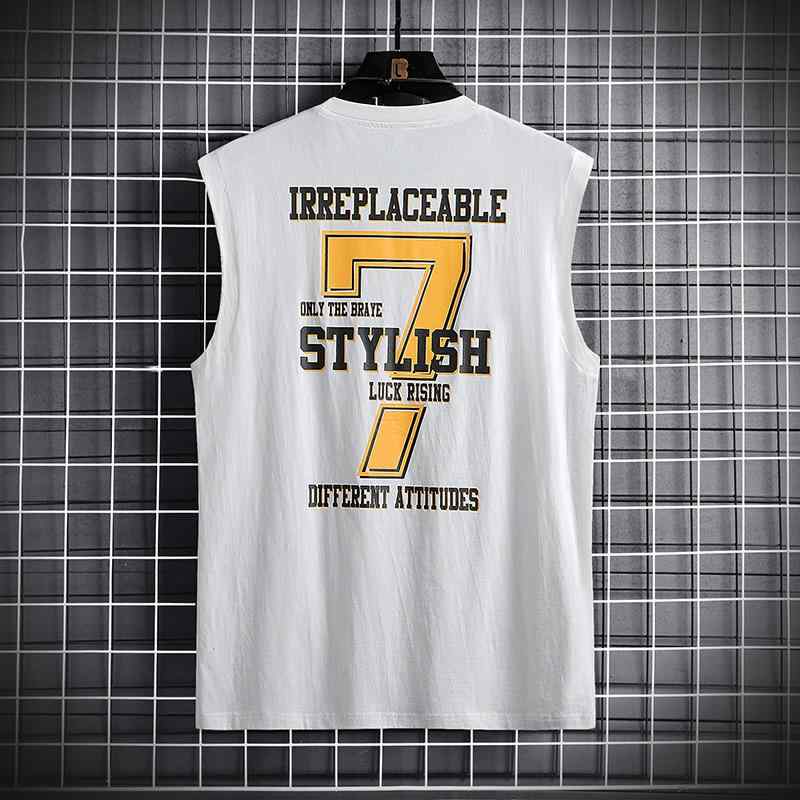 Tシャツ 男性用 大きいサイズ ノースリーブ プリント コットン100% ゆったり 運動着 スポーティ ラージサイズ ビッグシルエット ホワイト ブラック