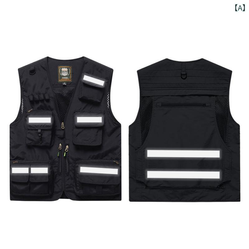 ベスト メンズ 男性用 多ポケット 通気性 撮影用 フィッシング 釣り アウトドア ワーク 作業服 安全 蛍光色 反射ストライプ 春夏2