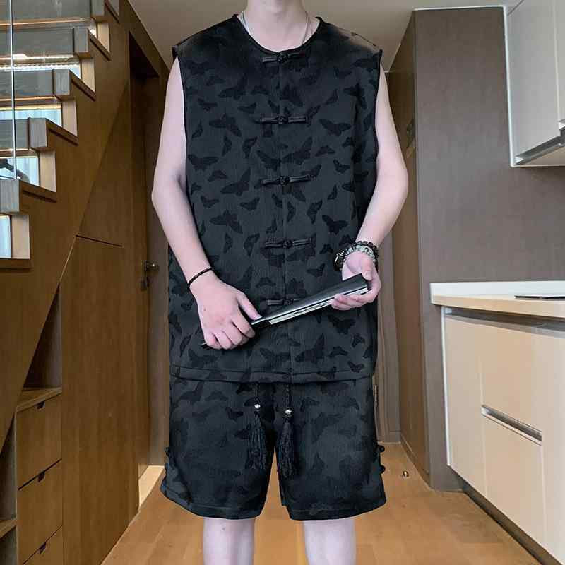 タンクトップ 男性用 中国風 蝶々 ジャガード ベスト ショートパンツ セットアップ 上下セット ルームウェア 部屋着