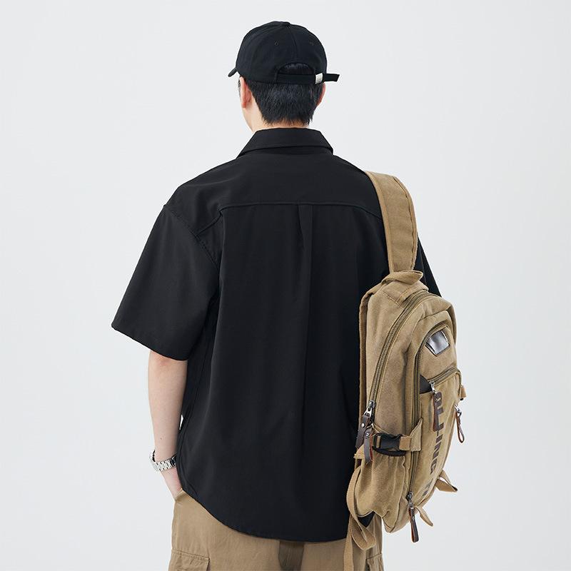 シャツ 男性用 半袖 コットン 多ポケット ワークシャツ ゆったり 通気性 日式 ?古 カーキ コーヒー ブラック