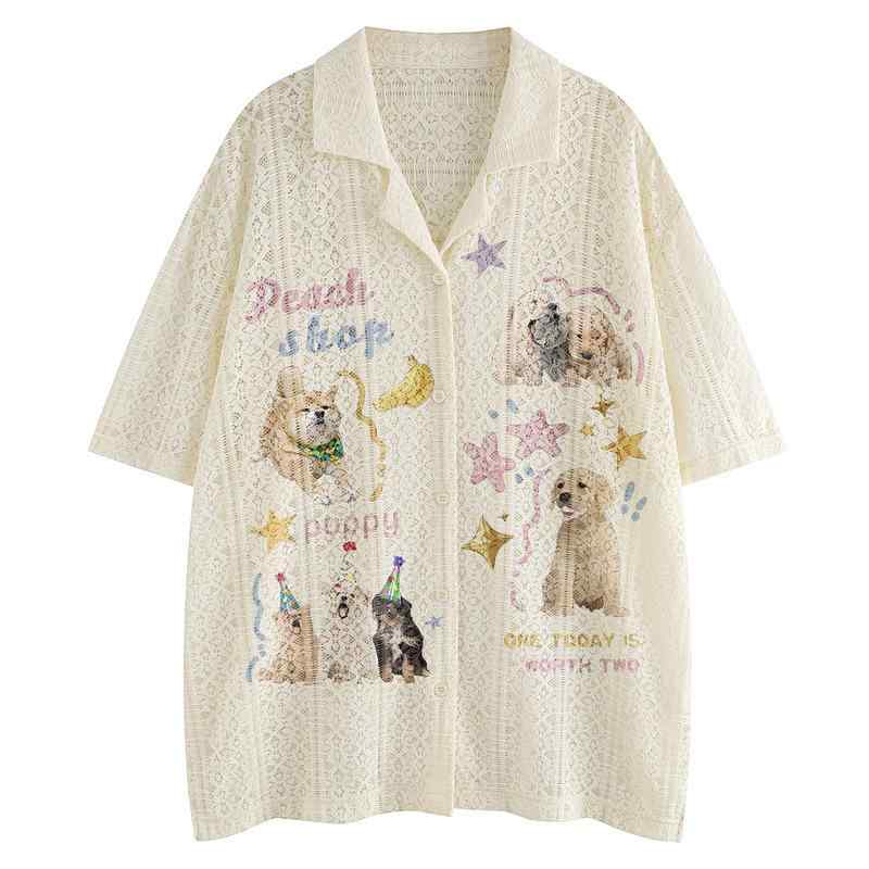 シャツ 男女兼用 パピー 犬柄 プリント レトロ キューバシャツ 半袖 開襟 接触冷感 ポリエステル