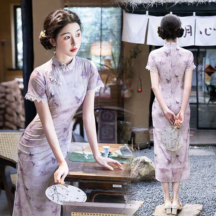チャイナドレス 旗袍 超美しいチャイナ風ワンピース 半袖 蝶柄 ロング丈 スリット入り セクシー コスプレ コスチューム 着痩せ スリム 古典衣装 パーティー 結婚式 イベント ハロウィン クリスマス 演奏会 発表会 中国風 ダンス衣装 高級 民族風 エレガント おしゃれ