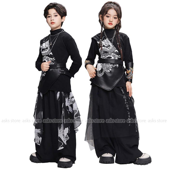 ジャズダンス衣装 キッズ 男女兼用 セットアップ 男の子 女の子 ヒップホップ ジャズダンス 長袖tシャツ ベスト 肩出し ガウチョパンツ チュール 飄逸 古典ダンス衣装 ジュニア 古典ダンス hiphop jazz イベント 団体 演出服 エスニック ステージ衣装 学園祭 文化祭 撮影衣装