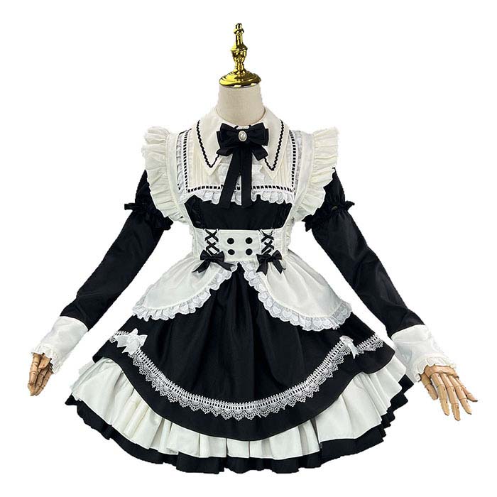 COS メイド服 可愛い ロリータ ゴスロリ ハロウイン コスプレ 衣装 豪華セット レース ウェイトレス 蝶結び ロリータ ドレス 二次元 仮装 ワンピース エプロン フリル レディース コスチューム カフェ イベント メイド 定番 コス 男ウケ セクシー 大きいサイズ 洋服