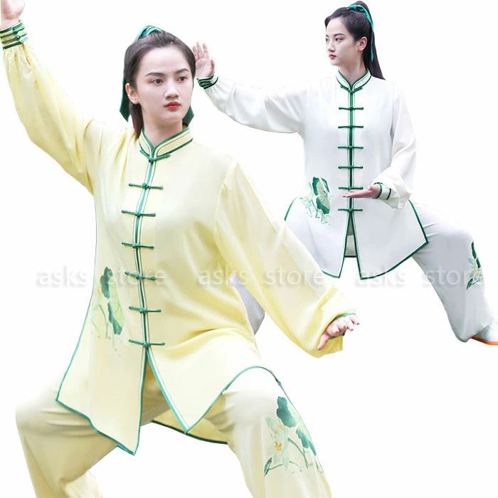 太極拳 服 上下セット 長袖シャツ 前開き パンツ レディース 大人 太極拳専門服 花柄 カンフー 武術 太極拳 演出服 朝練ウェア 試合選択衣装 演武服 中国功夫服 セットアップ 着心地いい 学園祭 文化祭 イベント ステージ団服 練功服 ゆったり XS-XXL ホワイト イエロー