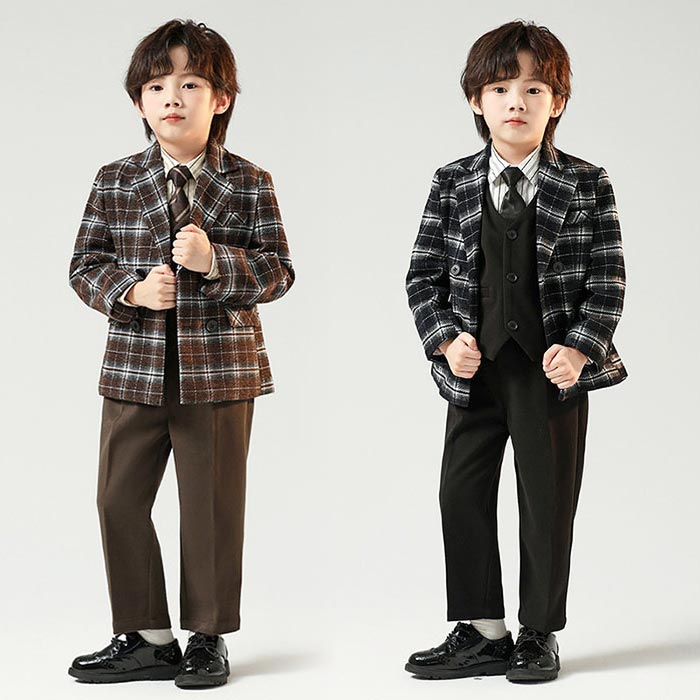 男の子 スーツセット 5点セット 子ども服 フォーマルスーツ ジャケット パンツ シャツ ベスト ネクタイ 韓国子供 チェック柄 キッズ 紳士服 入学入園 卒業式 舞台ステージ衣装 司会者 歌手 発表会 ピアノ演奏会 ステージ衣装 団体服 宴会 イベント 結婚式 派手 礼服 おしゃれ