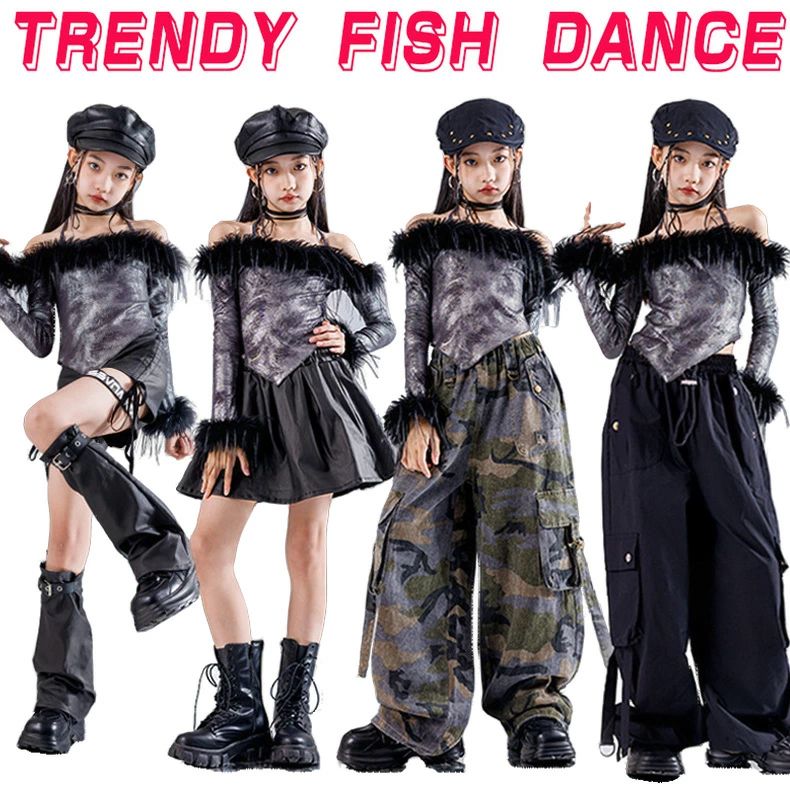 【クーポンで10％オフ】グレー 迷彩柄 女の子 へそ出しシャツ ダンス衣装 キッズ ヒップホップ カーゴパンツ ロングズボン ショーツ 黒 ミニスカート チアガール 長袖トップス 可愛い ステージ衣装 子供服 jazz 韓国k-pop 団体服 個性 練習着 発表会 演出服 原宿系 110-180cm