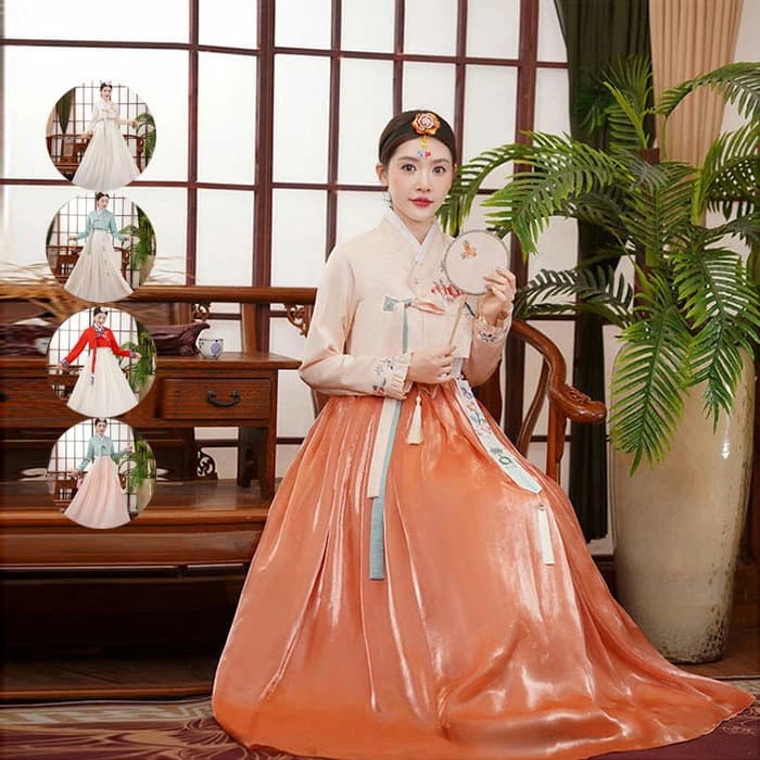 チマチョゴリ 大人用 韓国 オレンジ 花柄 韓服 民族衣装 3点セット