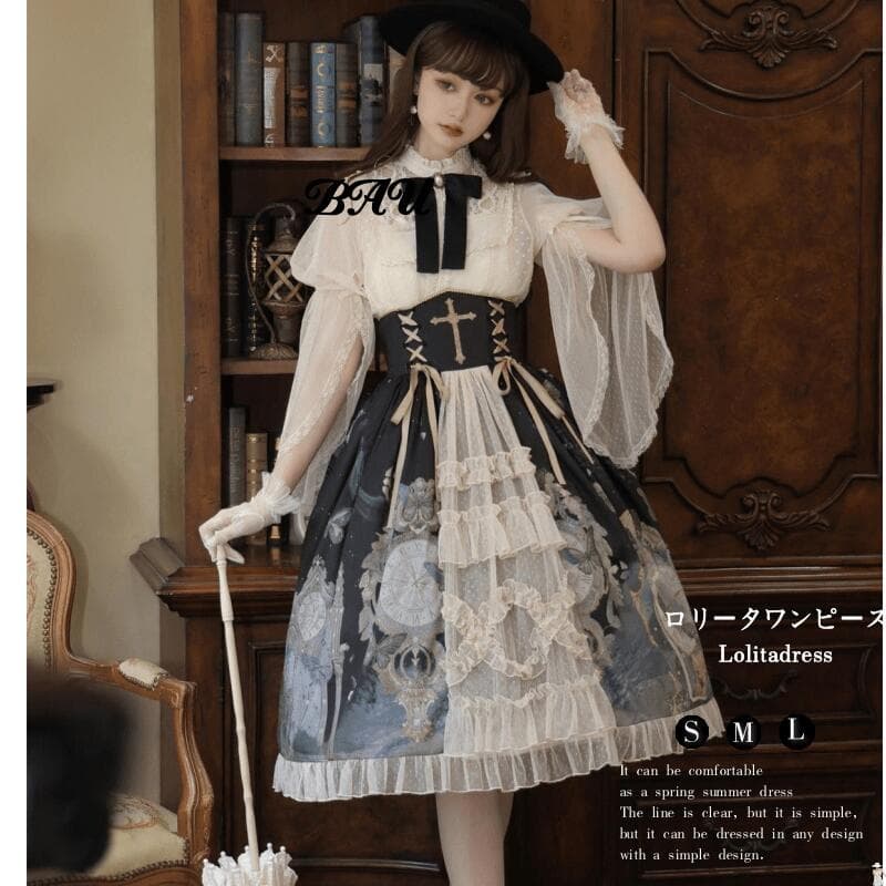 ロリータ ロリィタ ワンピース 十字架 柄物 ロリータファッション ロリィタファッション 半袖 クラシカル ゴシック 大人 ふわふわ レース レディース ハロウイン 仮装 コスプレ 本格 お姫様 甘ロリータ ドレス ワンピース メイド かわいい コスプレ お姫様｜クレオパトラセレクト