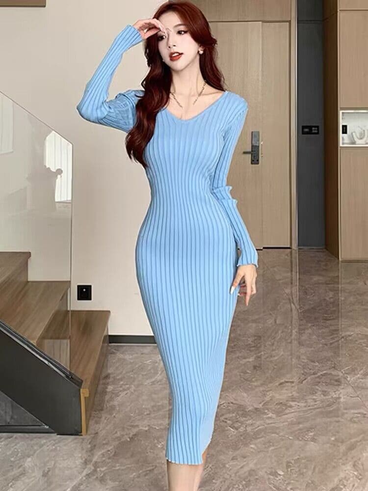 【クーポンで10％オフ】ニットワンピース レディース ロング丈 パーティドレス 上品 通勤 エレガント 大人 可愛い スリム タイトワンピース キャバ パーティ デート着痩せ お呼ばれ 膝丈 パーティドレス 上品 通勤 フォーマル ブルー 二次会 結婚式 秋冬 D bauc500