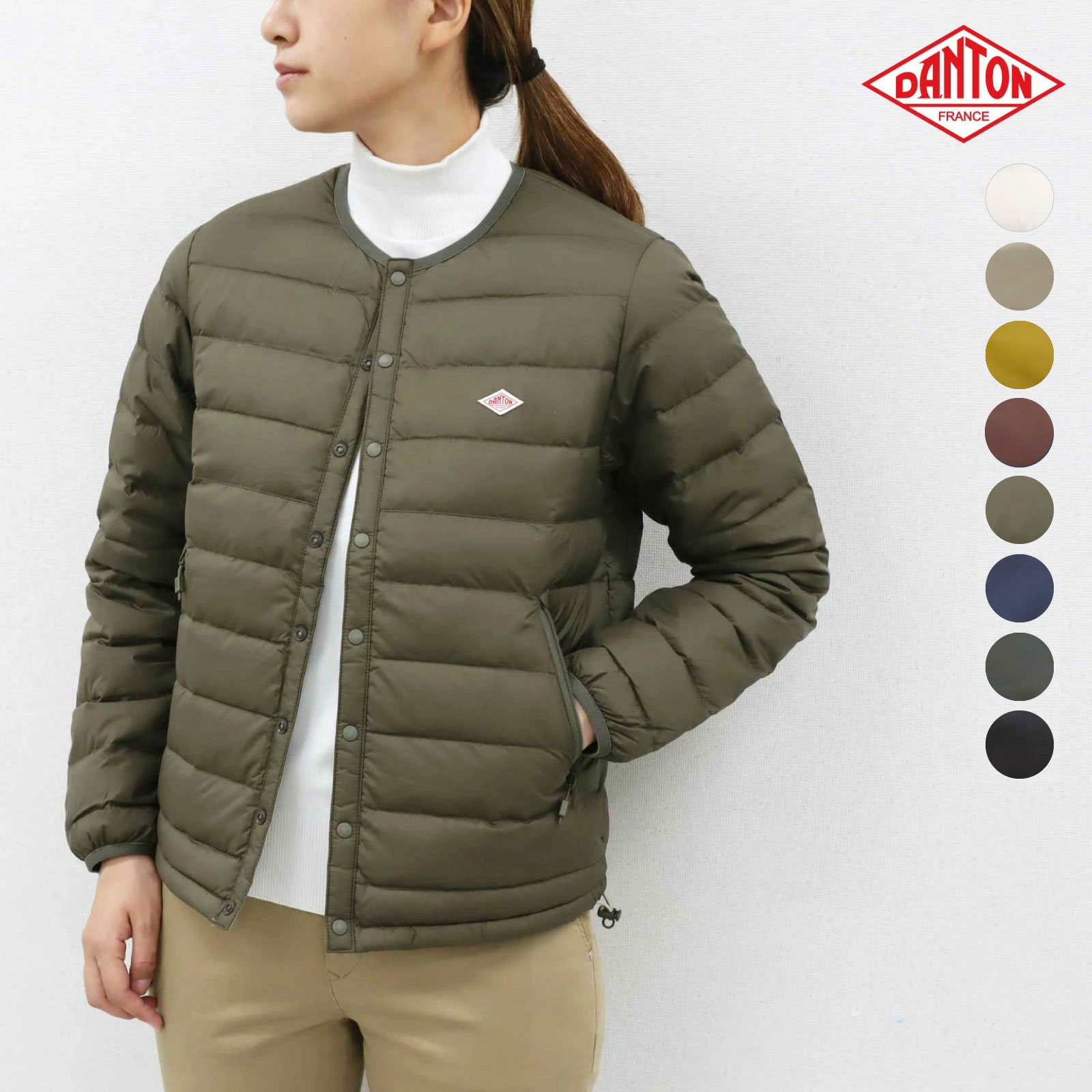 ★すぬーぴん★美品★ダントン★インナーダウン★34★カーキ★ノーカラー DANTON [ダントン] W INNER DOWN CREWNECK VEST [DT-A0002NNF-T