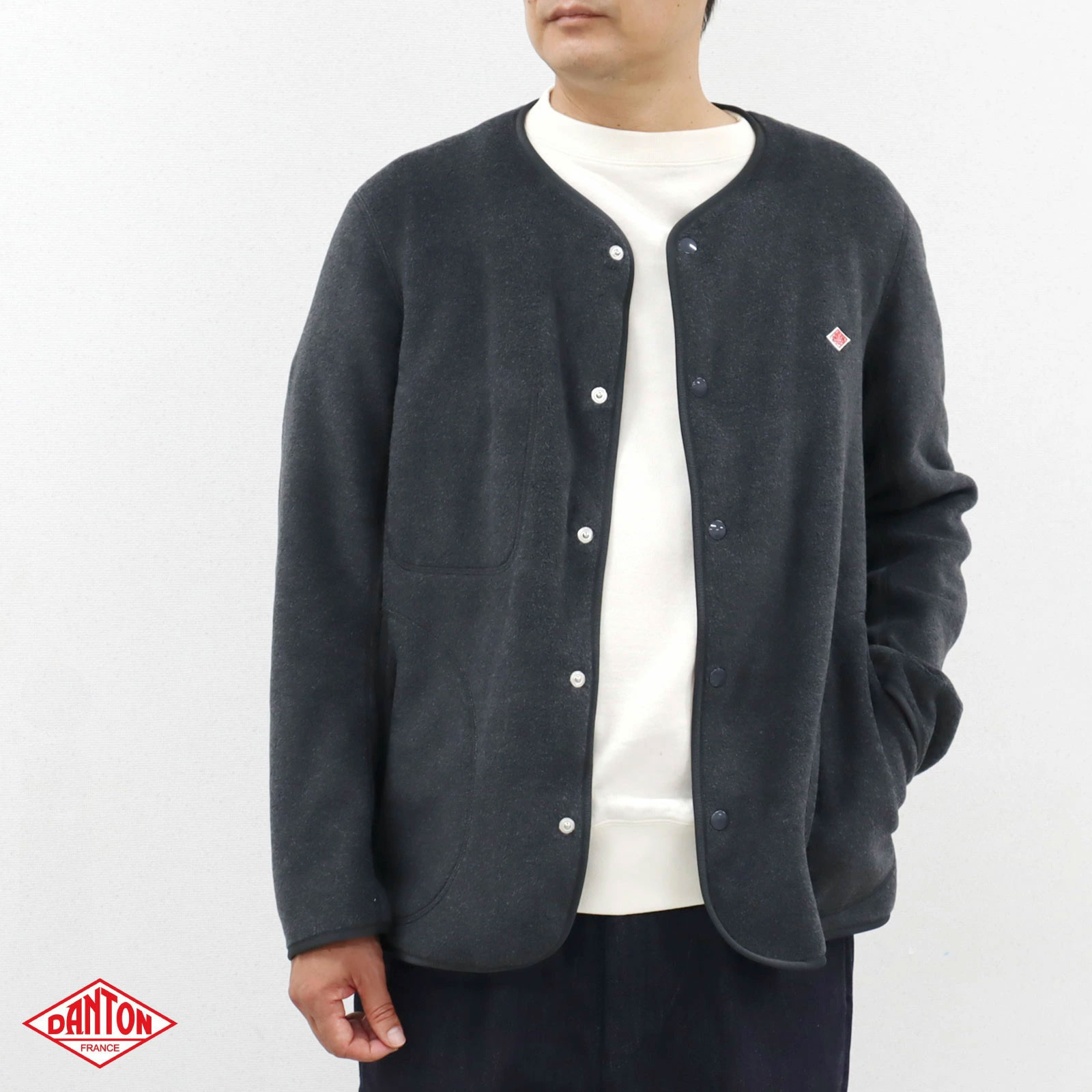 美品　DANTONノーカラーフリースジャケット　38　ネイビー Ray BEAMS（レイ ビームス）DANTON / ノーカラー フリース