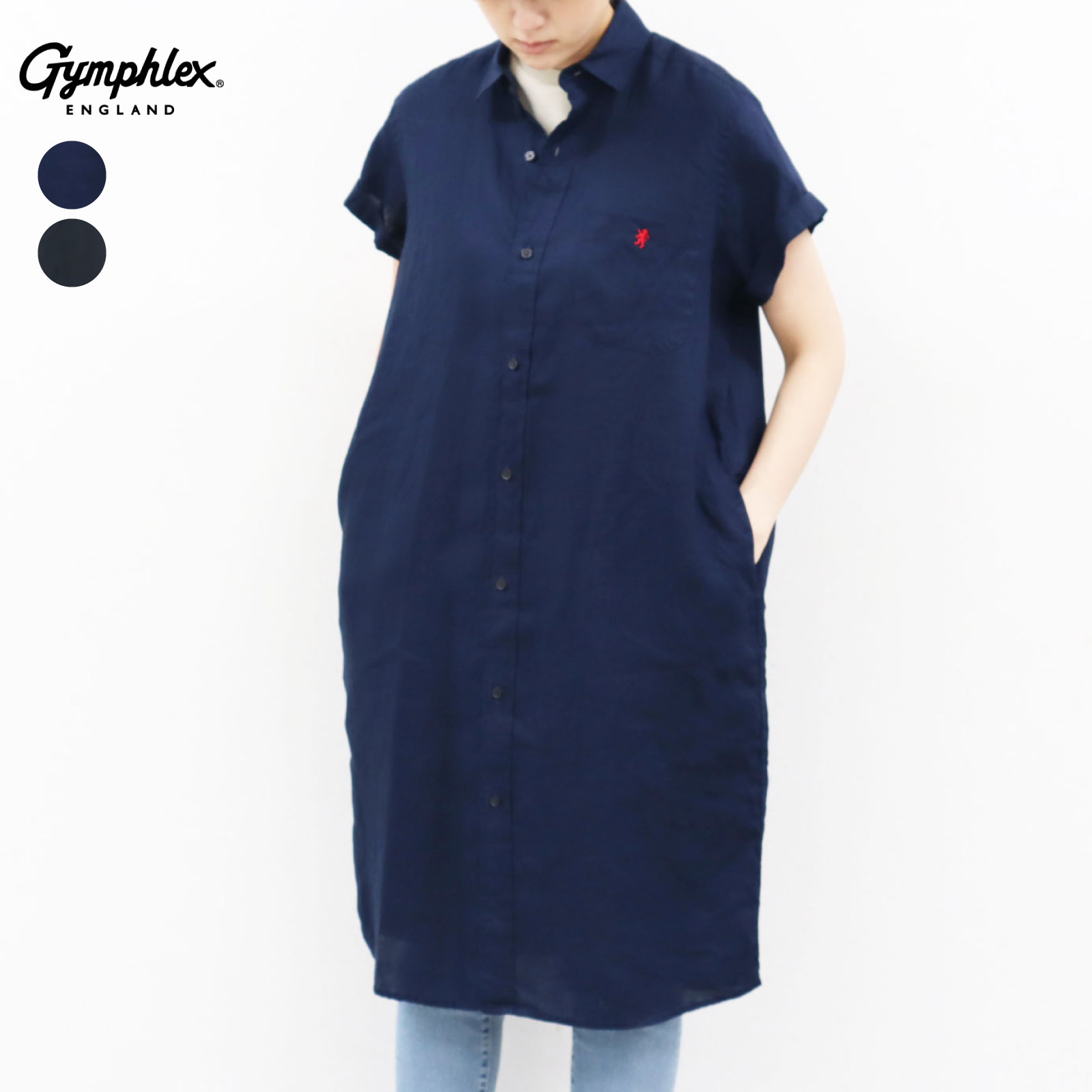 ブラック14(M-L) ジムフレックス フランダース リネン 半袖 シャツ ワンピース 無地 麻 袖ロール Gymphlex［ネコポス］