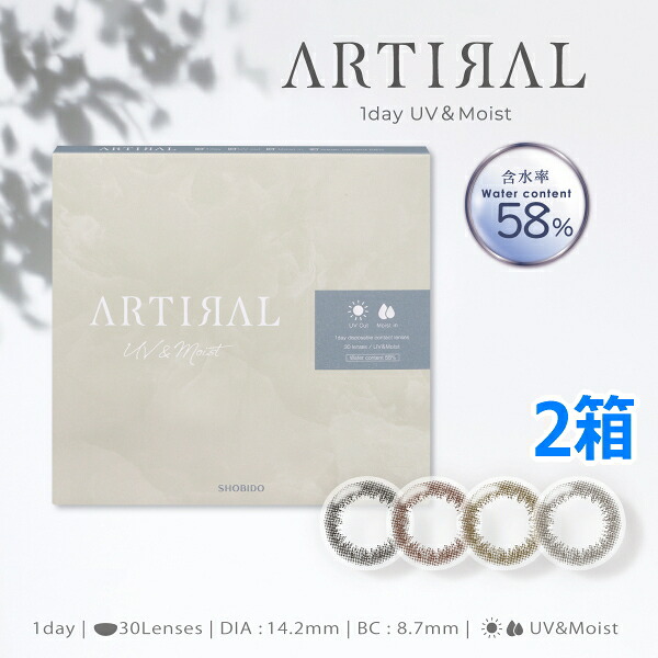 アーティラルワンデー UVモイスト ARTIRAL 1day UV&Moist 30枚 2箱 含水率58% 1日使い捨て カラコン 度なし 度あり 終日装用 ポスト投函