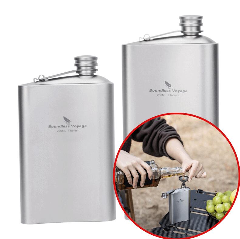 純チタン製 ワインボトル 200ml?250ml｜漏斗付き 携帯用ミニ酒壺｜超軽量 持ち運び便利｜サビに強い 飲み物入れ｜キャンプ ピクニック｜Click