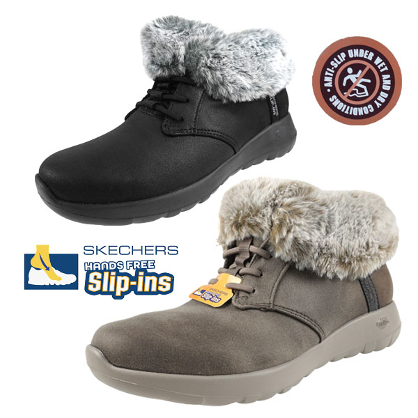 スケッチャーズ SKECHERS SLIP-INS JOY-COZY CHARM 144803 BKGY DKTP スリップインズ スリッポン ハンズフリー ショートブーツ フェイクファー レディース カジュアル シンプル おしゃれ 大人かわいい 送料無料