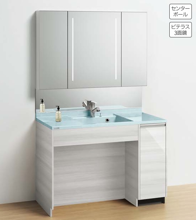 クリナップ洗面ドレッサー ティアリス120cmプラン アクリストンクオーツカウンター(左片寄せボール)＋流レールボール＋ステンレスキャビネット＋ミラーをセットしたハイグレードドレッサー 会社、個人事業主様限定。北海道、沖縄は、別途送料掛かります。離島は、港止め迄。｜住設クリックス店